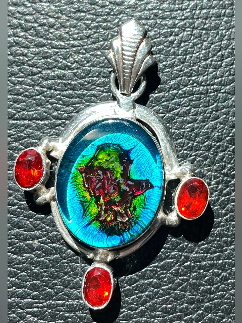 Artisan Sterling Silver Dichroic Glass Statement Pendant Red Garnet Accents 925